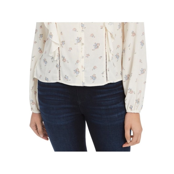 Planet Gold Shirt Women's Medium Ivory Chiffon Floral Long Sleeve Frill Shoulder - Picture 3 of 10